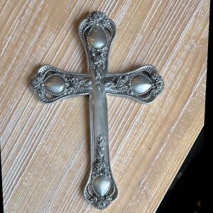 Vintage 2002 UDC 3D Rose Silver Tone Floral Motifs Cross Pewter.